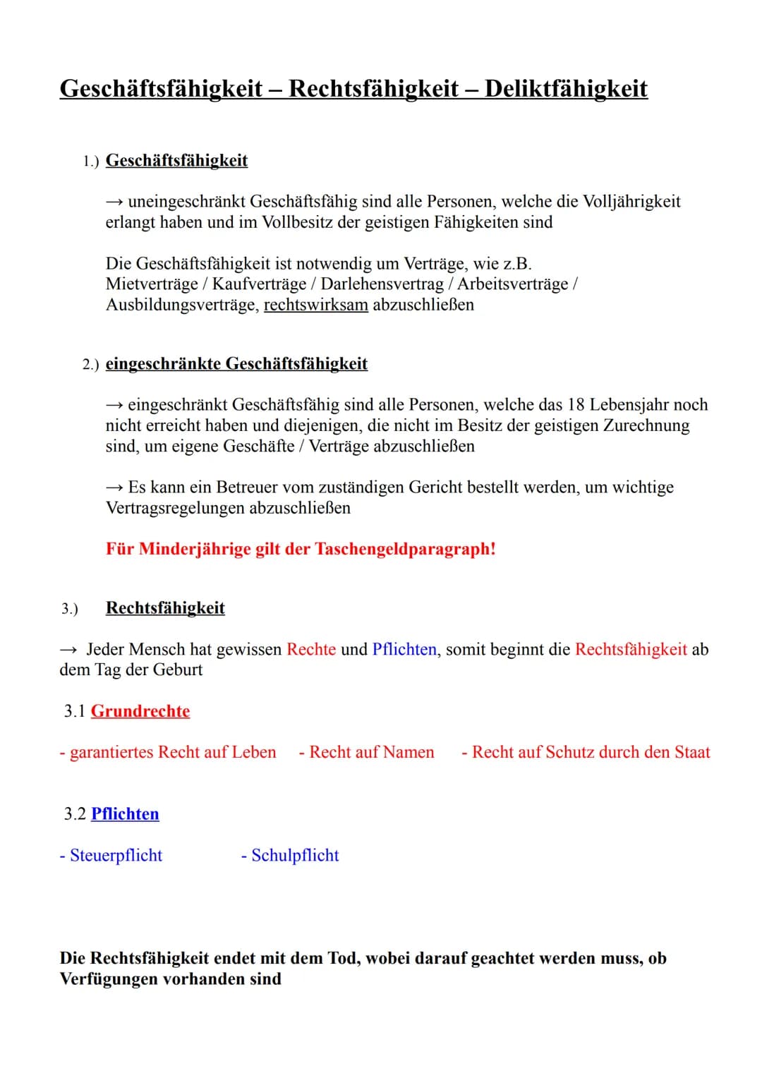 Geschäftsfähigkeit – Rechtsfähigkeit – Deliktfähigkeit
1.) Geschäftsfähigkeit
uneingeschränkt Geschäftsfähig sind alle Personen, welche die 