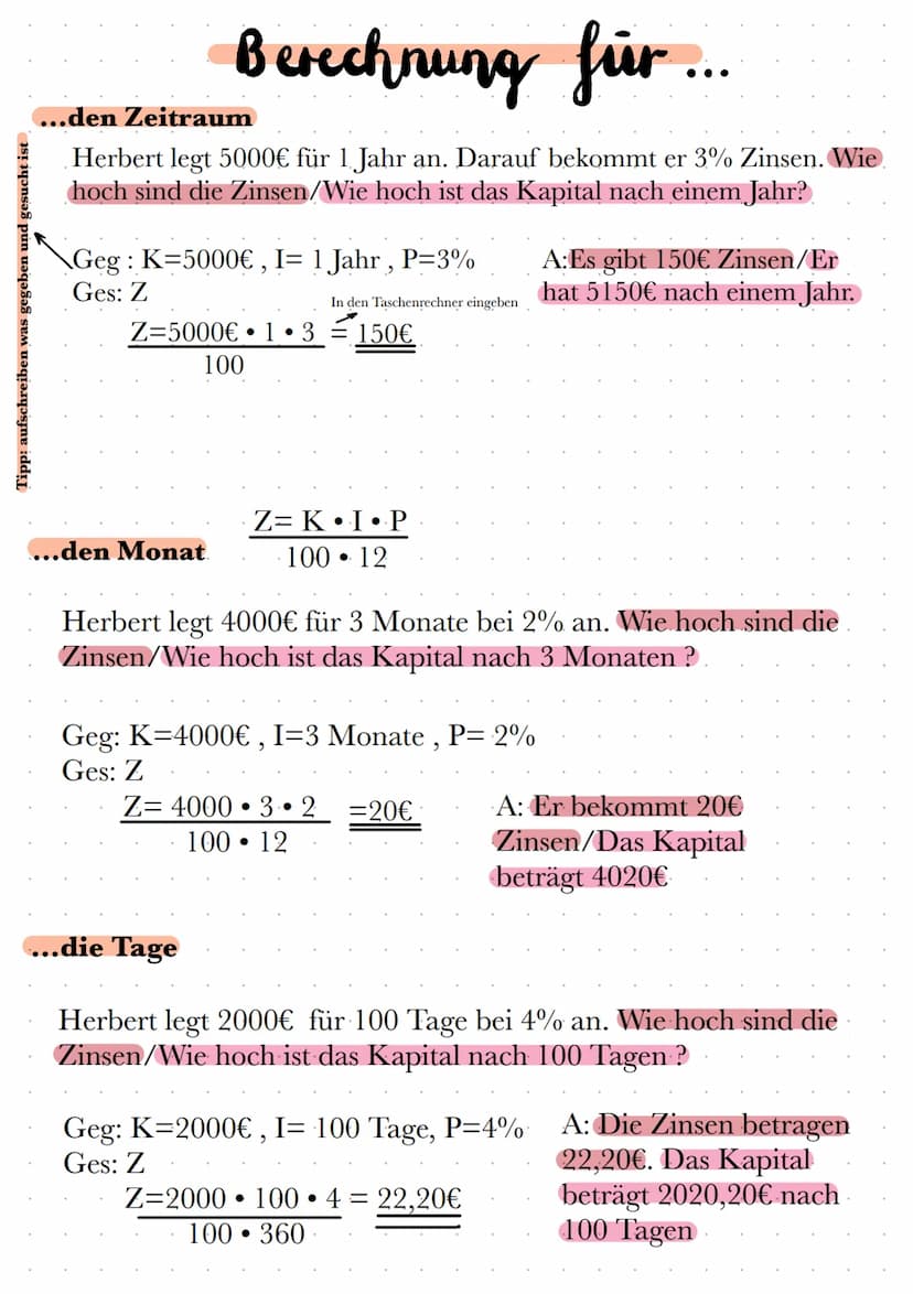 Linwichnung
Grundformel/Kippformel / Jahrerformel
Z= K.I.P
100
Formel für Monate
Z= K I. P
100.12
Formel für Tage
Z= K.I.P
100-360
K= Kapita