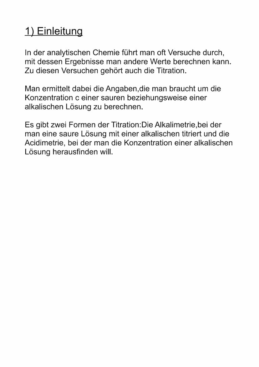 Titration
Schriftliche Ausarbeitung zur GFS: Titration 1) Einleitung
2) Durchführung
Inhaltsverzeichnis
2.1 Versuchsaufbau
2.2 Versuchsdurch