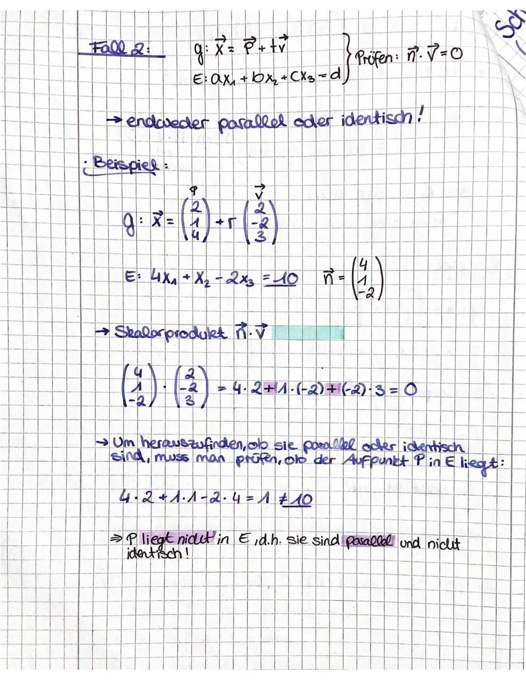 Lagebeziehung Gerade/Ebene
Ebbene in Koordinatenform umwandeln!
Fall A
X = P²+tv
g
E: ax + x₂ CX3
→ sie schneiden sich!
Beispiel:
↳es gibt e
