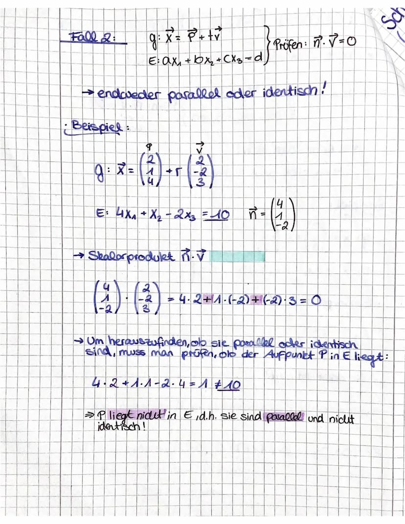 Lagebeziehung Gerade/Ebene
Ebbene in Koordinatenform umwandeln!
Fall A
X = P²+tv
g
E: ax + x₂ CX3
→ sie schneiden sich!
Beispiel:
↳es gibt e