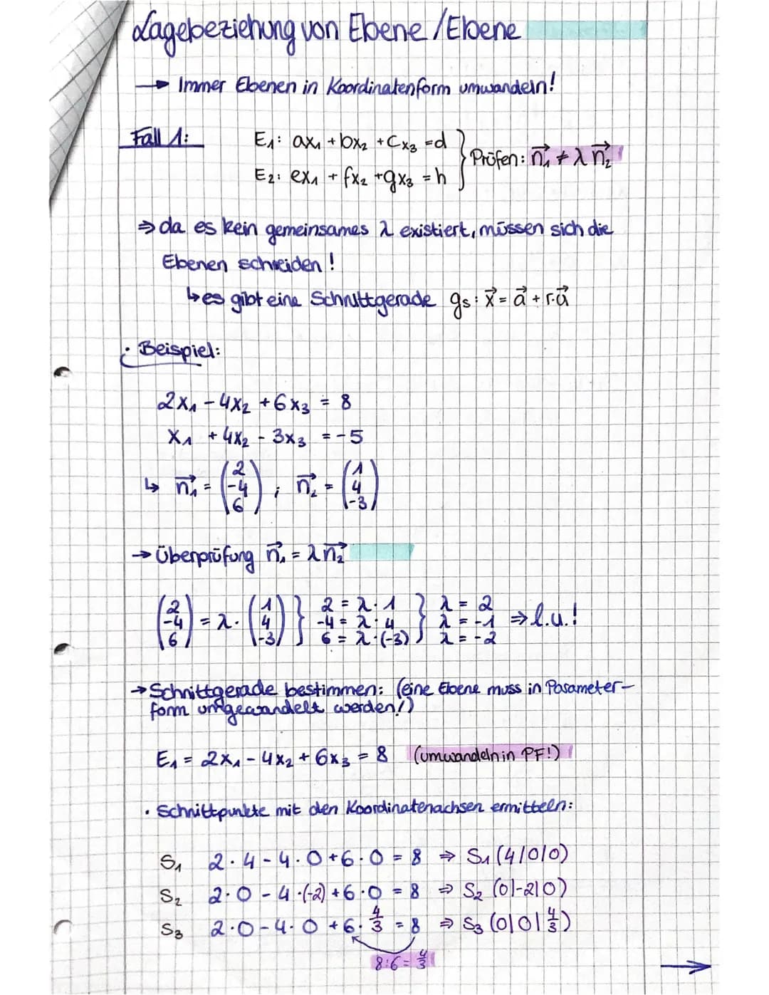 Lagebeziehung Gerade/Ebene
Ebbene in Koordinatenform umwandeln!
Fall A
X = P²+tv
g
E: ax + x₂ CX3
→ sie schneiden sich!
Beispiel:
↳es gibt e
