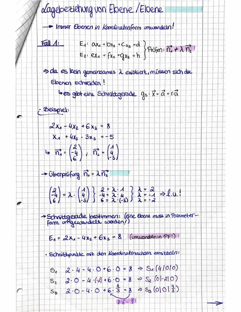 Lagebeziehung Gerade/Ebene
Ebbene in Koordinatenform umwandeln!
Fall A
X = P²+tv
g
E: ax + x₂ CX3
→ sie schneiden sich!
Beispiel:
↳es gibt e
