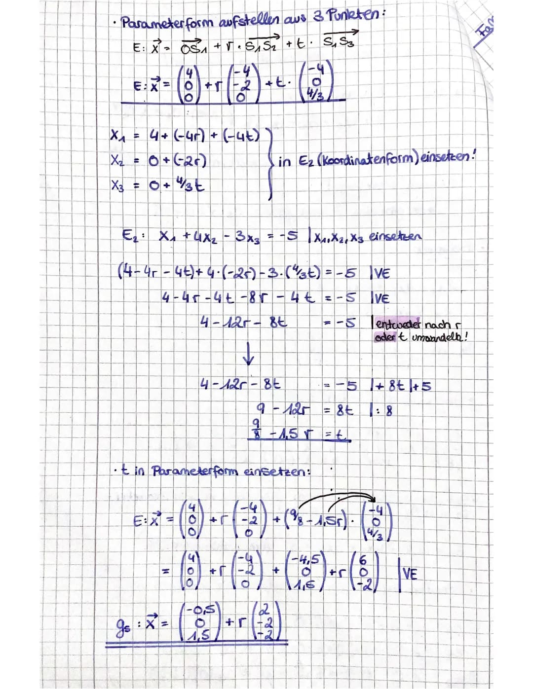 Lagebeziehung Gerade/Ebene
Ebbene in Koordinatenform umwandeln!
Fall A
X = P²+tv
g
E: ax + x₂ CX3
→ sie schneiden sich!
Beispiel:
↳es gibt e