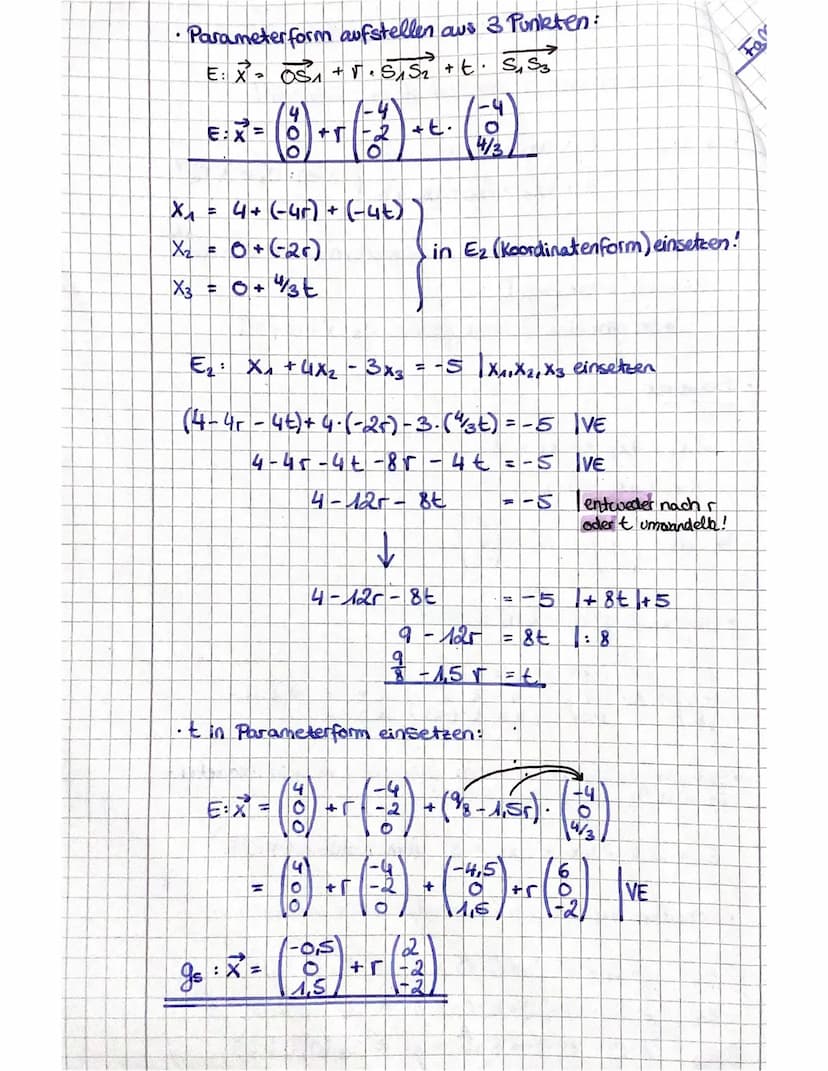 Lagebeziehung Gerade/Ebene
Ebbene in Koordinatenform umwandeln!
Fall A
X = P²+tv
g
E: ax + x₂ CX3
→ sie schneiden sich!
Beispiel:
↳es gibt e