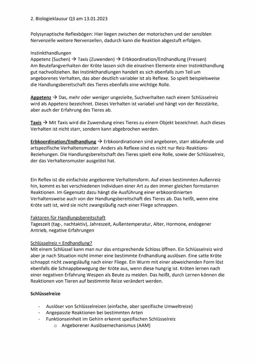 2. Biologieklausur Q3 am 13.01.2023
Biologieklausur
Themenumfang: Verhaltensbiologie
Mit Verhalten sind alle ,,Aktionen" (Bewegungen, Körper
