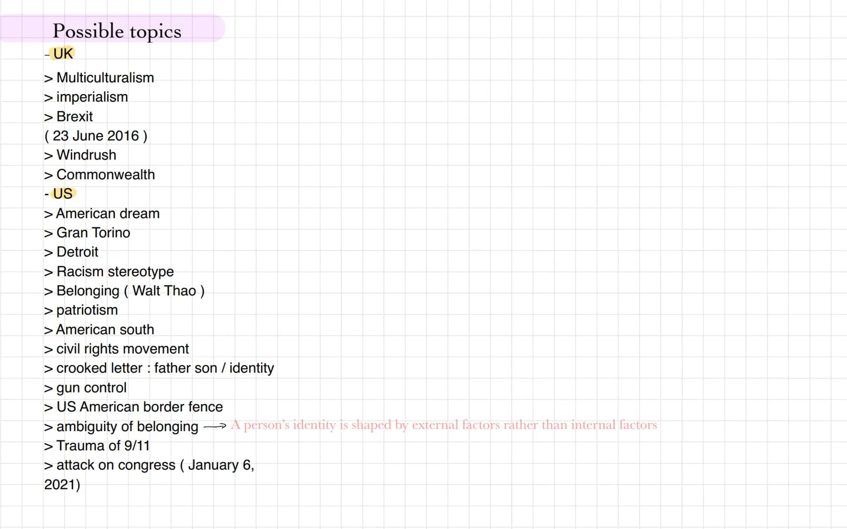 Possible topics
- UK
> Multiculturalism
> imperialism
> Brexit
(23 June 2016)
> Windrush
> Commonwealth
- US
> American dream
> Gran Torino
