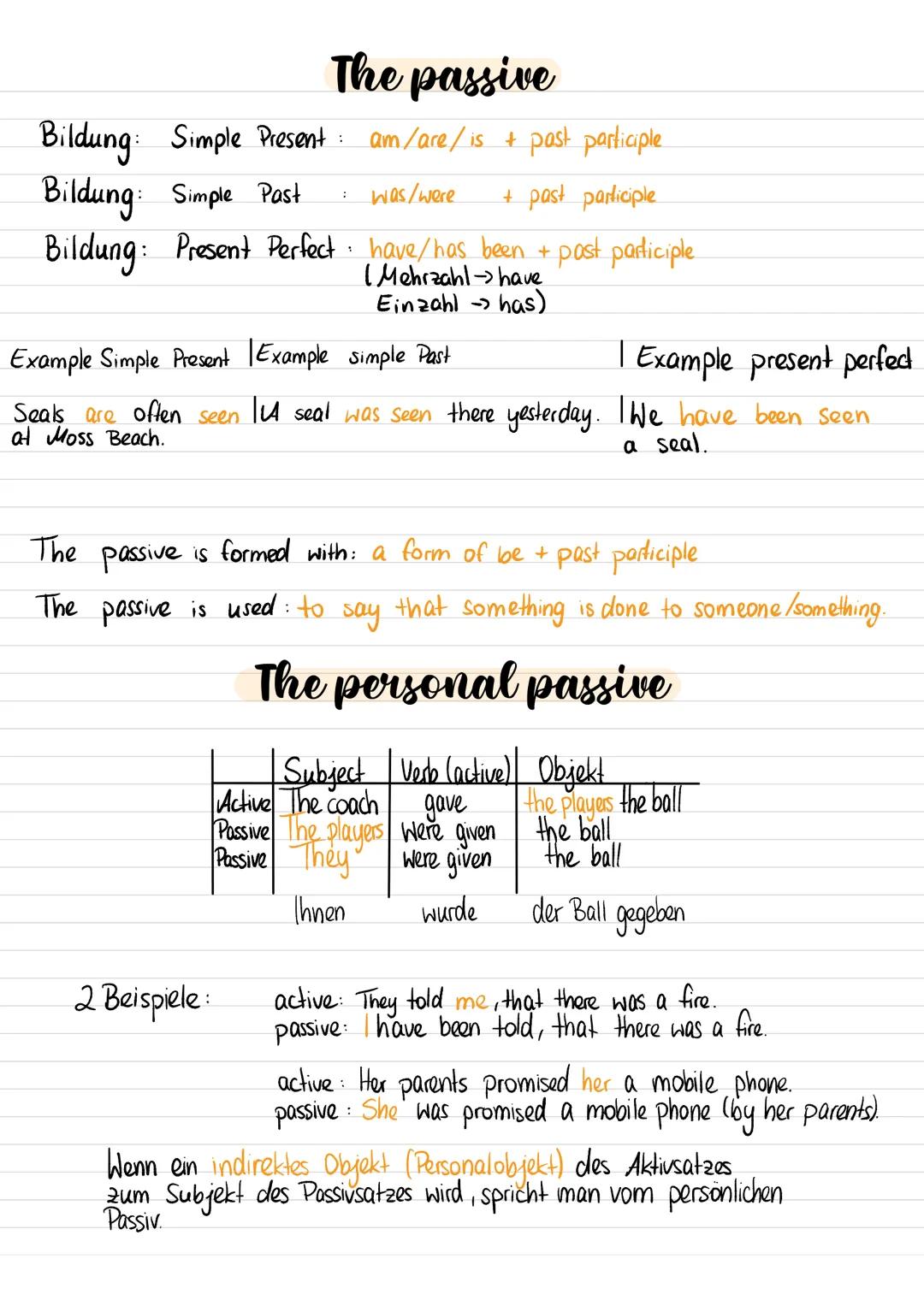 # The passive

Bildung: Simple Present: am/are/is + past participle.

Bildung: Simple Past
: was/were
+ past participle

Bildung: Present Pe