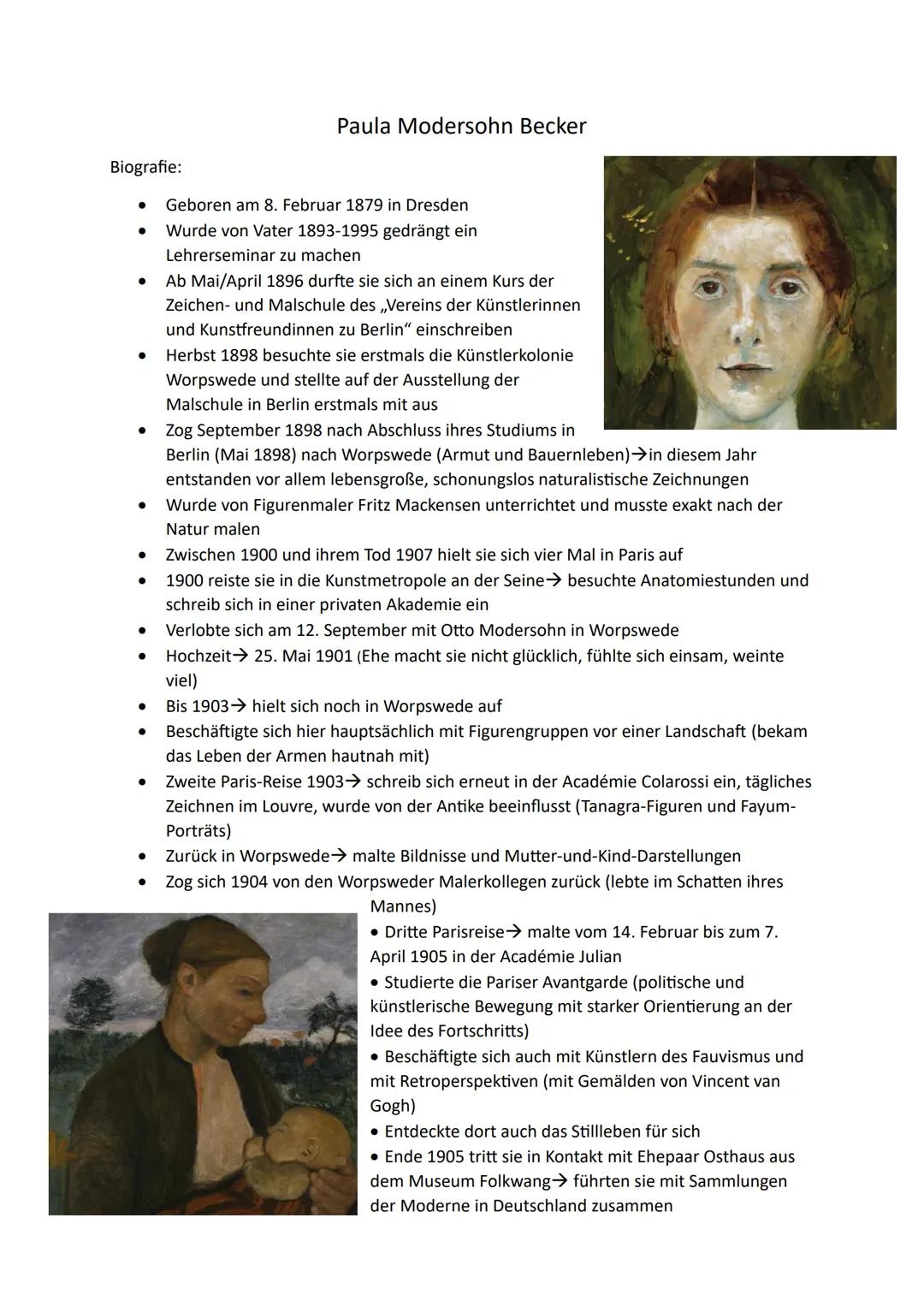 Biografie:
Paula Modersohn Becker

- Geboren am 8. Februar 1879 in Dresden
- Wurde von Vater 1893-1995 gedrängt ein
Lehrerseminar zu machen
