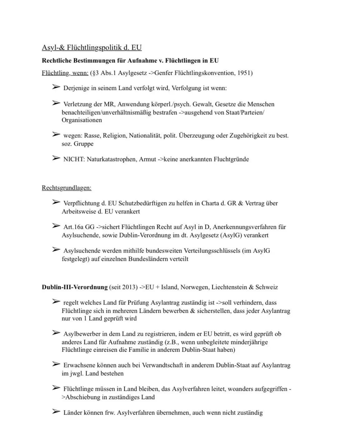 Asyl-& Flüchtlingspolitik d. EU
Rechtliche Bestimmungen für Aufnahme v. Flüchtlingen in EU
Flüchtling, wenn: (§3 Abs.1 Asylgesetz ->Genfer F