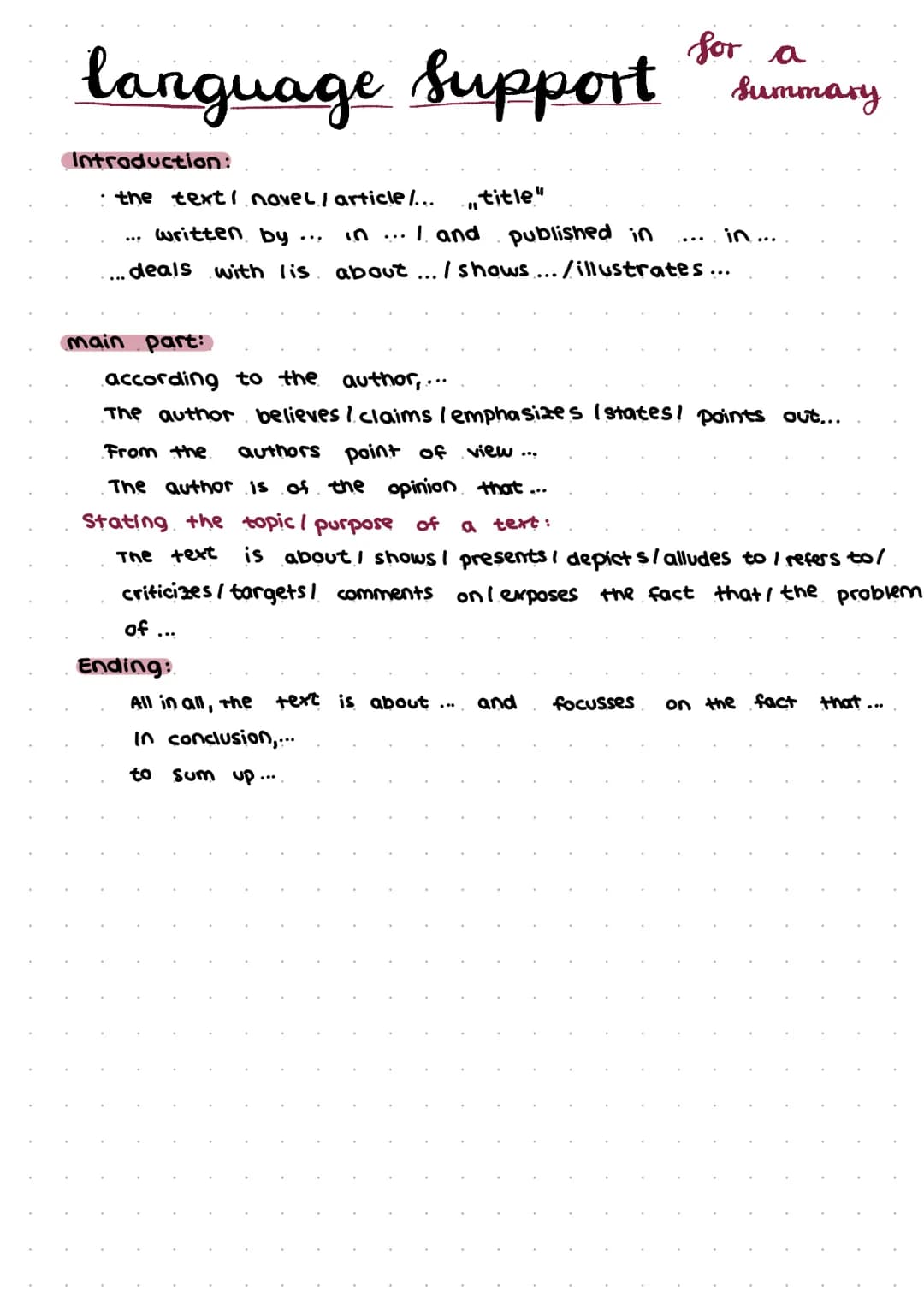 Summary
Preparing:
read the text carefully and highlight. Key words
divide the text into different parts
• point out the main aspects/most i