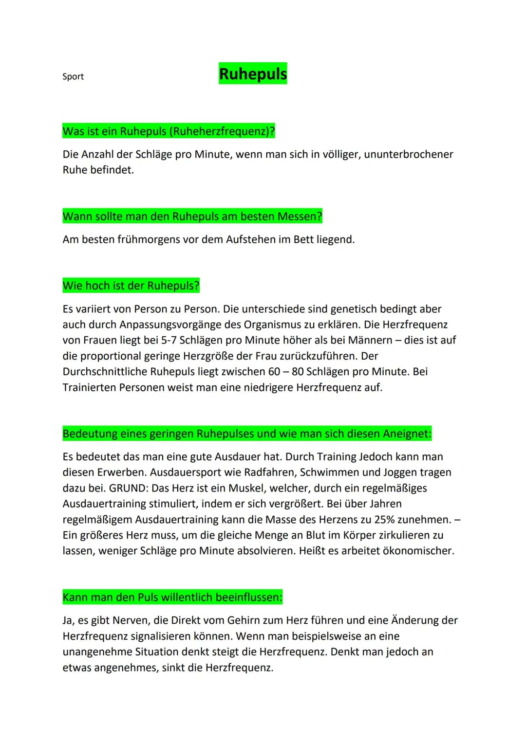 Sport
Ruhepuls
Was ist ein Ruhepuls (Ruheherzfrequenz)?
Die Anzahl der Schläge pro Minute, wenn man sich in völliger, ununterbrochener
Ruhe 