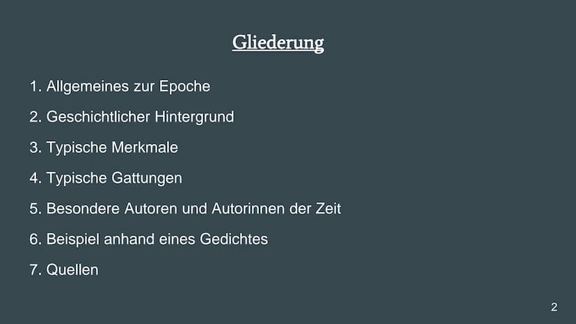 Literaturepoche:
Naturalismus
Eine Präsentation von
Deutsch
Emiy Günther
Frau Wittmer
10b
1 Gliederung
1. Allgemeines zur Epoche
2. Geschich