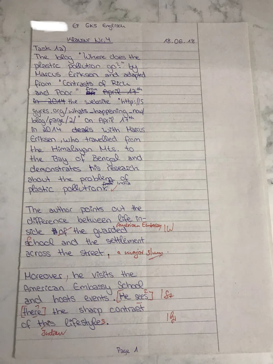 EF GK5 Englisch
Klausur Nr. 4
Task la)
The
"Where does the
plastic pollution go? by
Marcus Eriksen and adapted
from "Contrasts of Rich
10
fr