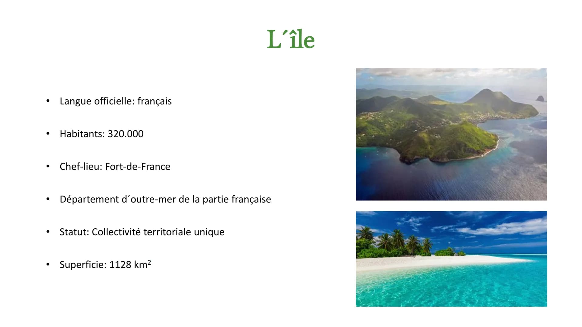 ●
Langue officielle: français
Habitants: 320.000
Chef-lieu: Fort-de-France
Département d'outre-mer de la partie française
Statut: Collectivi