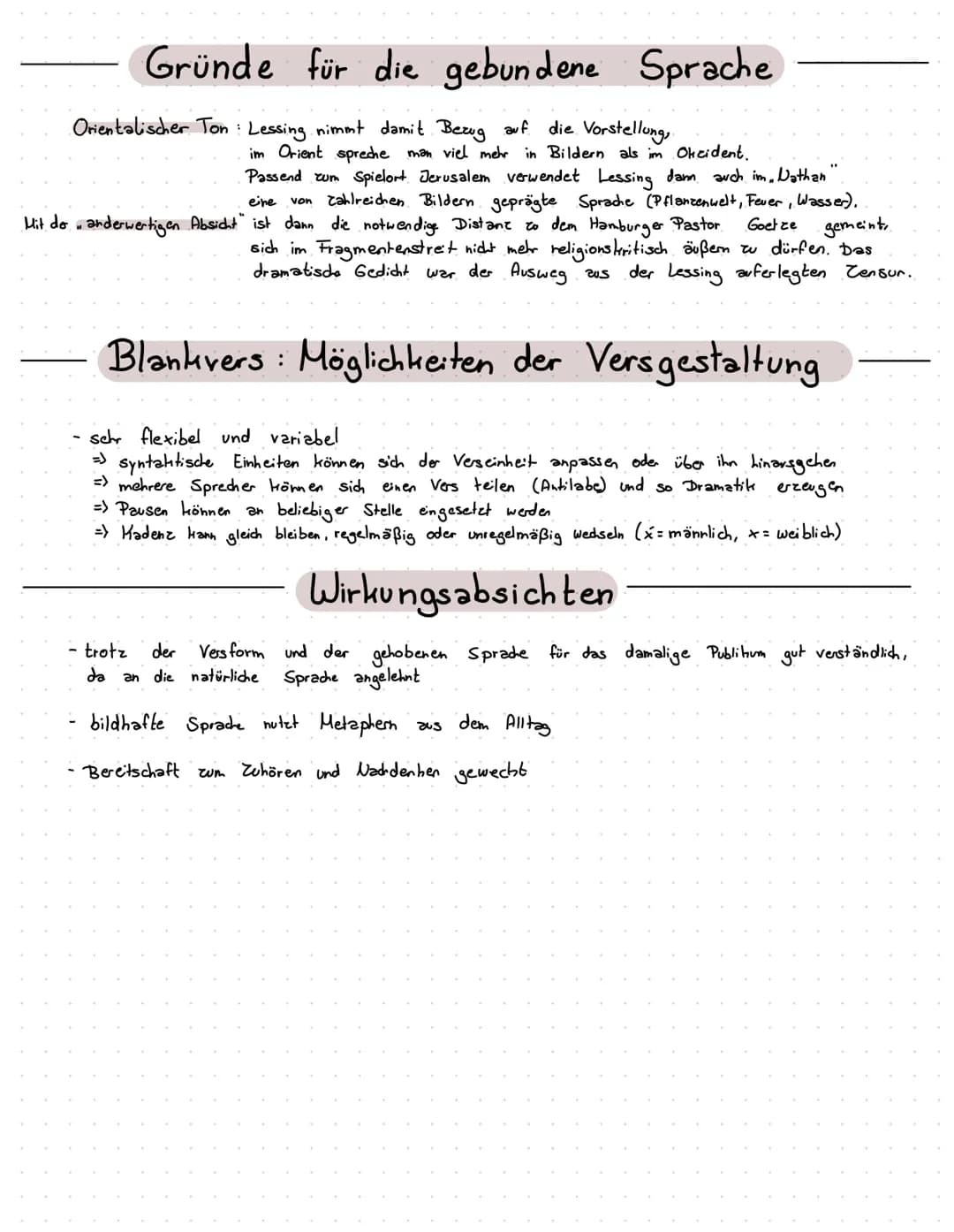 Gründe für die gebundene Sprache
Orientalischer Ton Lessing nimmt damit Bezug auf.
die Vorstellung,
im Orient spreche man viel mehr in Bilde