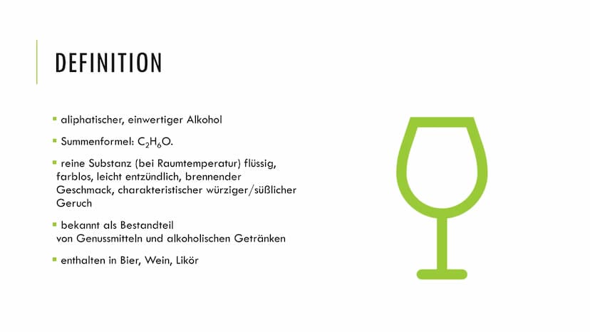 ETHANOL - VOM GENUSS ZUR SUCHT
1. Grundlagen
Definition:
Summenformel: C₂H6O
reine Substanz farblos, bei Raumtemperatur flüssig
charakterist