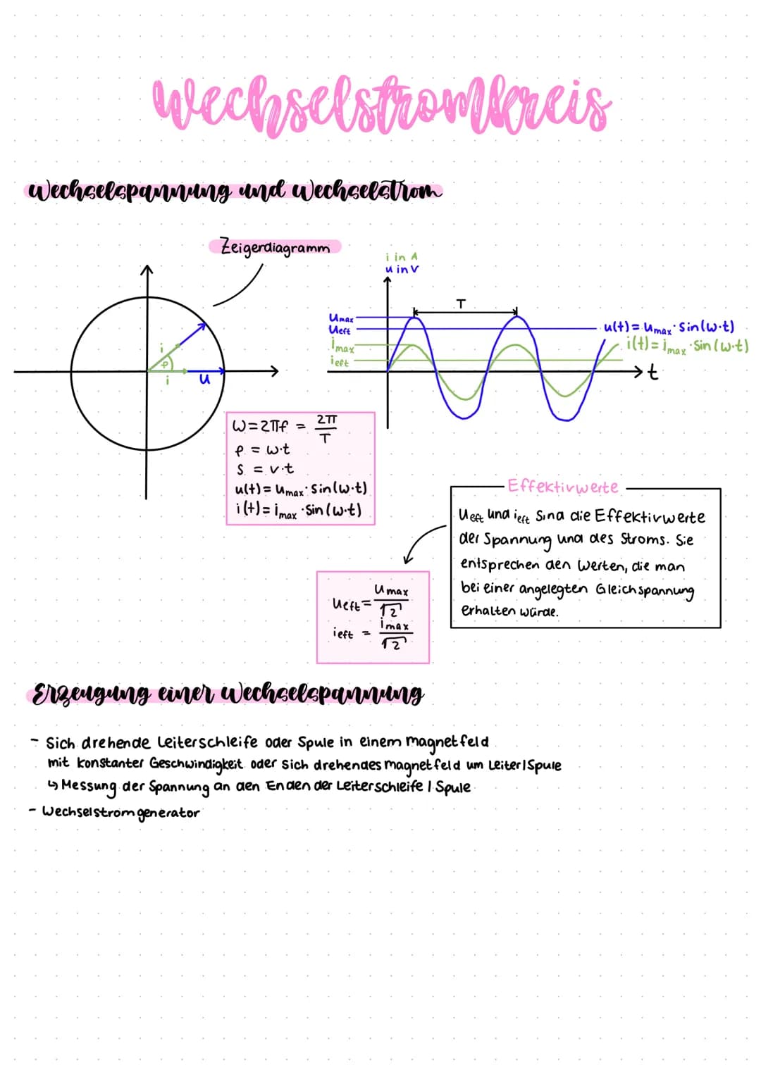 wechselstrombereis
Wechselspannung und wechselstrom
Zeigerdiagramm
u
Umax
Ueft
. Imax
ieft
2TT
T
W=2πf =
P. = wit
S = v.t
u(t)= Umax Sin (wi