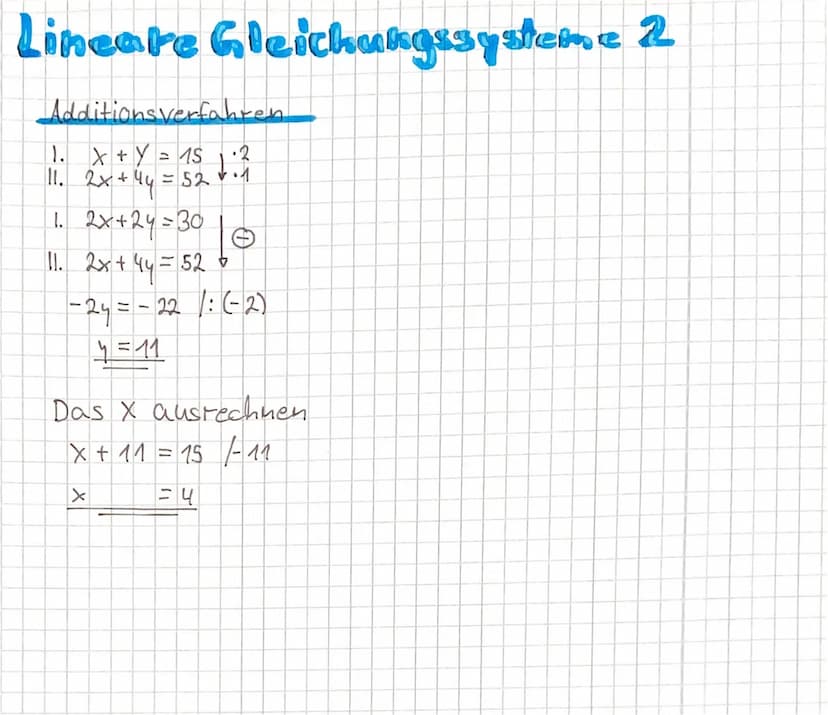 C
Lineare Gleichungssysteme
Gleichsetzungsverfahren
Y = 3x + 5
Y = 5x-S
1.
1.
11.
!Y=Y
!I.
3x+ S = 5x -5 -5
3x5x-10 1-5x
2 x=-10
X = 54
- De