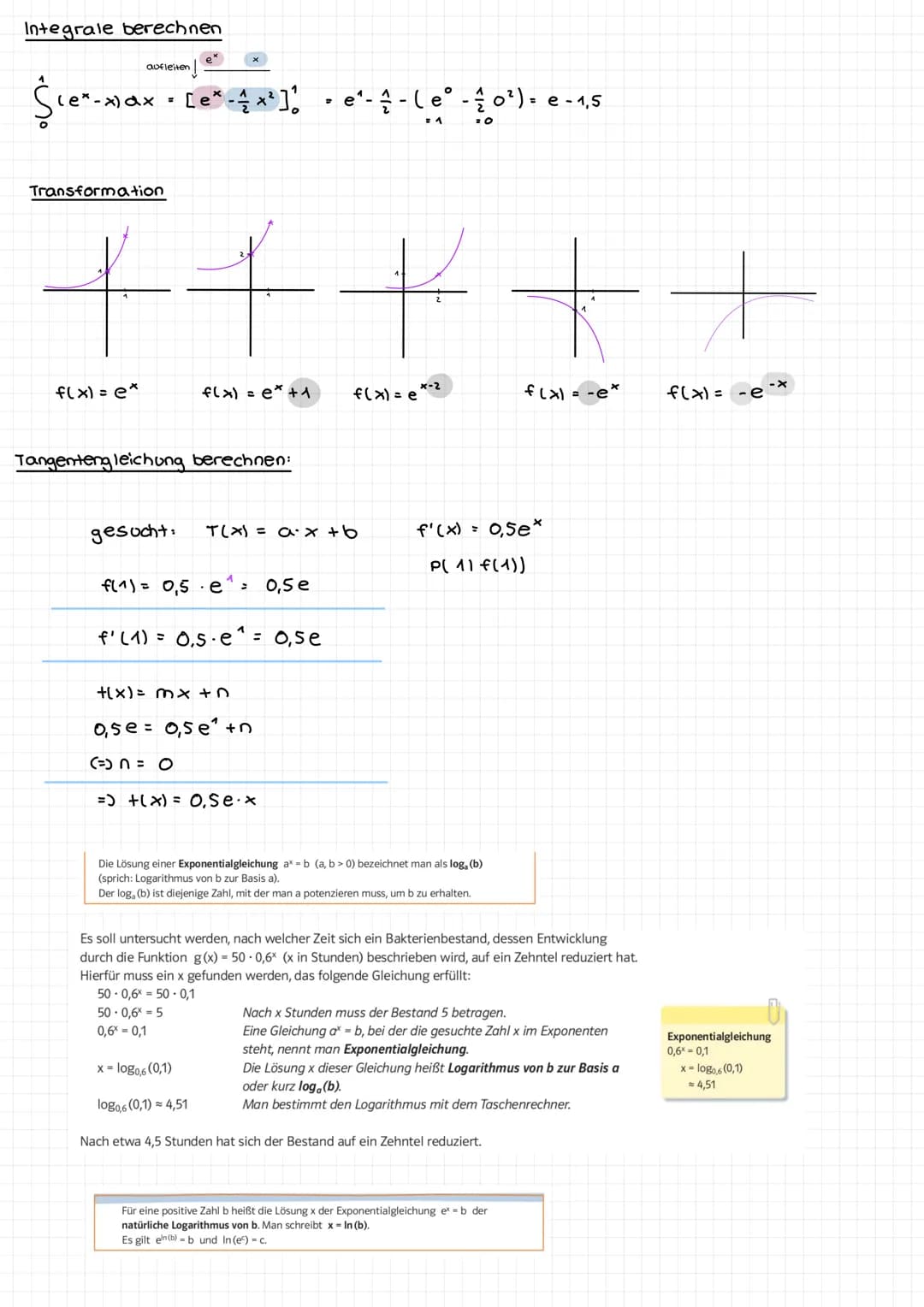 Exponentialfunktionen
Eigenschaften:
► für a> 1 exponentielle Zunahme
► für ac 1 exponentielle Abnahme
▸c entspricht dem Anfangsbestand flo)