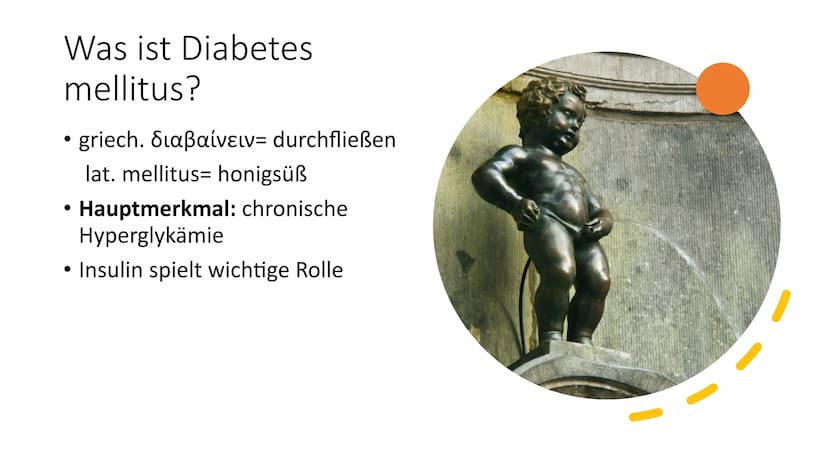  insulin
Diabetes mellitus
Von Nikolas Schmieg
E Was ist Diabetes
mellitus?
• griech. Staßaívelv= durchfließen
lat. mellitus honigsüß
• Haup