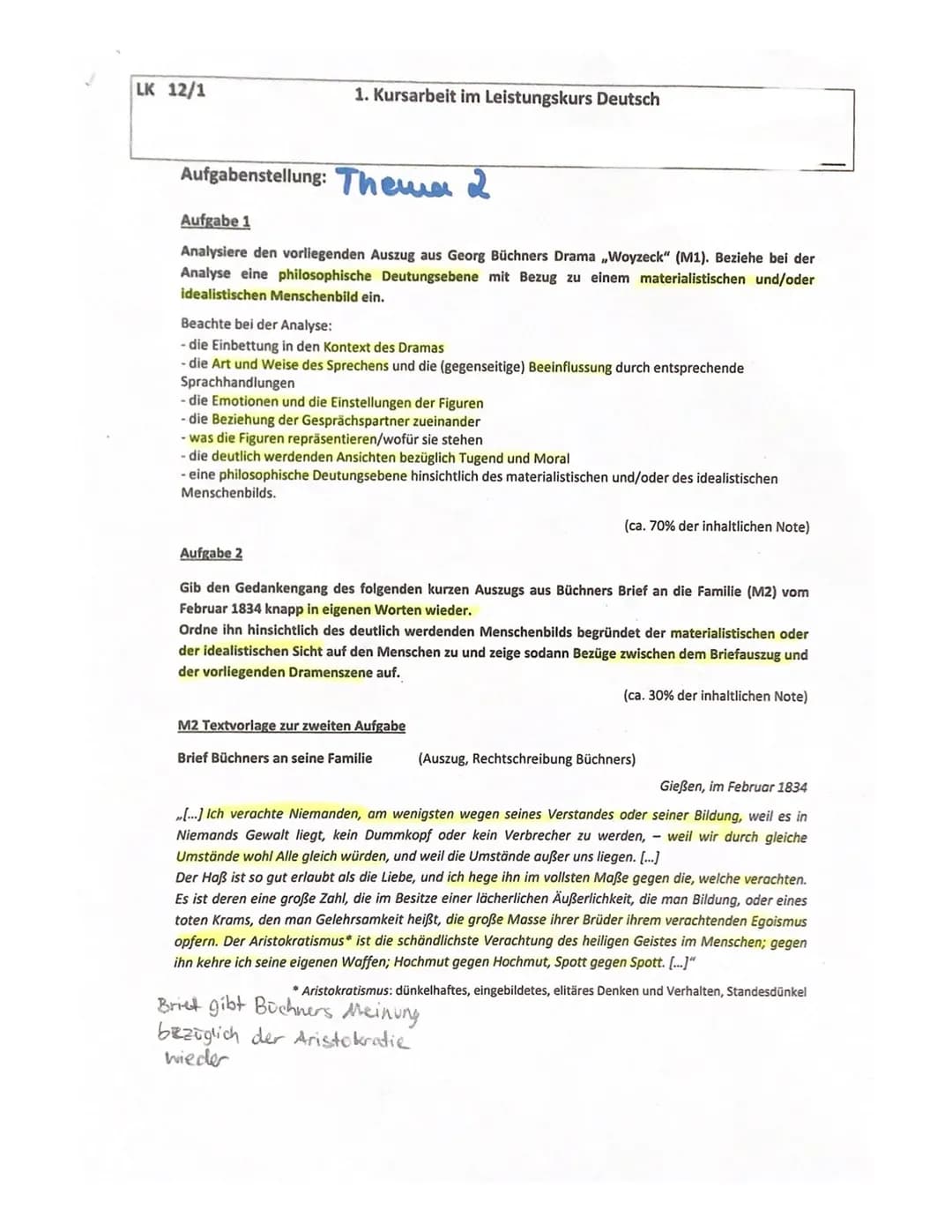 A) Inhaltliche Leistung
Kursarbeit 12/1/ Bewertungsbogen
(Georg Büchner: Woyzeck)
Inhaltliche Leistung Aufgabe 1
sinnvolle Einleitung
Die Sc