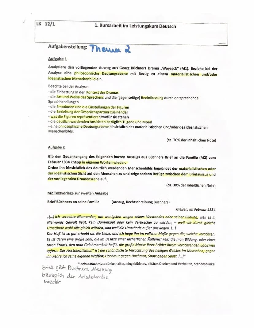 A) Inhaltliche Leistung
Kursarbeit 12/1/ Bewertungsbogen
(Georg Büchner: Woyzeck)
Inhaltliche Leistung Aufgabe 1
sinnvolle Einleitung
Die Sc