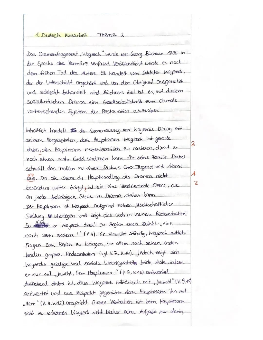 A) Inhaltliche Leistung
Kursarbeit 12/1/ Bewertungsbogen
(Georg Büchner: Woyzeck)
Inhaltliche Leistung Aufgabe 1
sinnvolle Einleitung
Die Sc