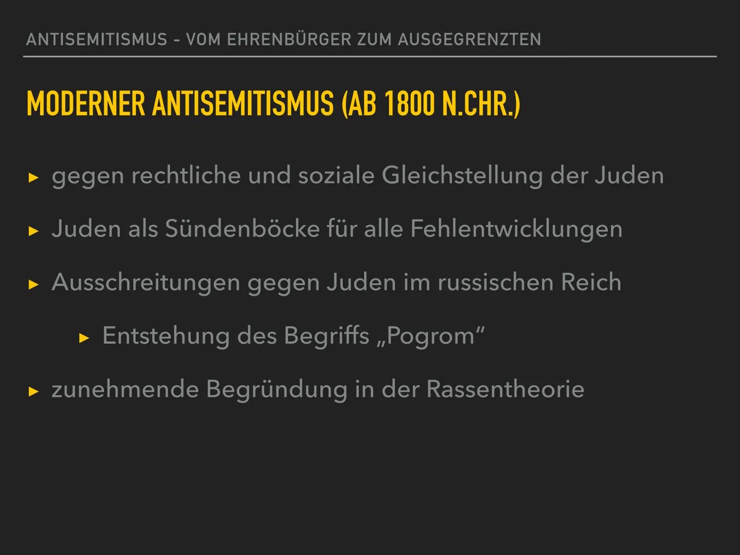 Antisemitismus
THEORO EN
- Rassentheorie
- ökonomische Theorie
- Außenseitertheorie
- Sündenbocktheorie
- Gottesmördertheorie
- Theorie des 