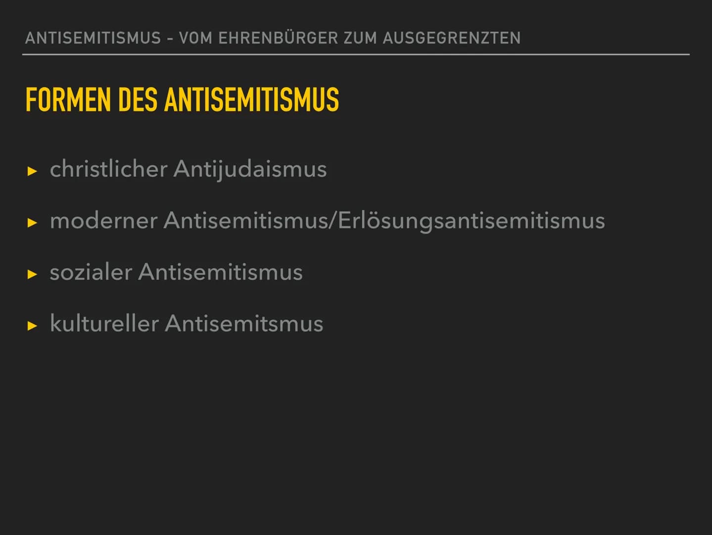 Antisemitismus
THEORO EN
- Rassentheorie
- ökonomische Theorie
- Außenseitertheorie
- Sündenbocktheorie
- Gottesmördertheorie
- Theorie des 