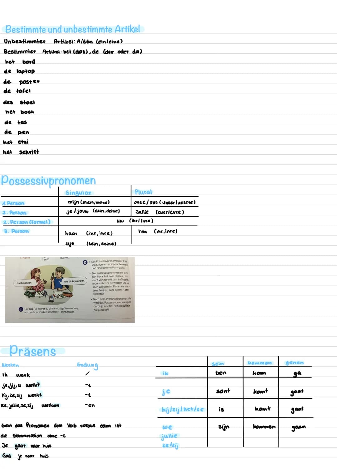 Personalpronomen (subjekt)
Singular
1. Person 14 (ich)
2. Person je jij (du)
S. Person hii (er)
zeleli (sie)
het
A. Person
2. Person
3. Pers