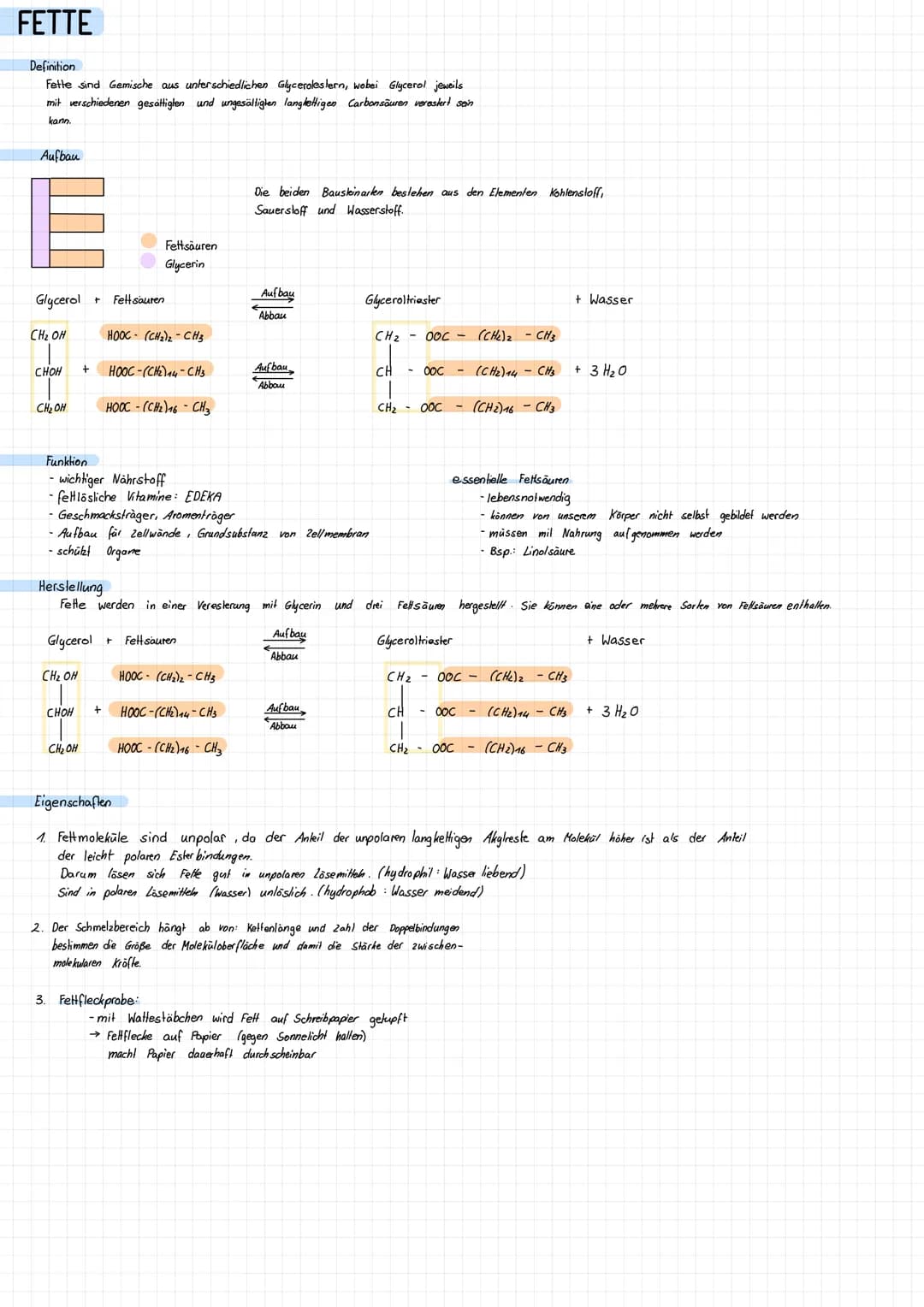 FETTE
Definition
Fette sind Gemische aus unterschiedlichen Glyceroles lern, wobei Glycerol jeweils
mit verschiedenen gesättigten und ungesät