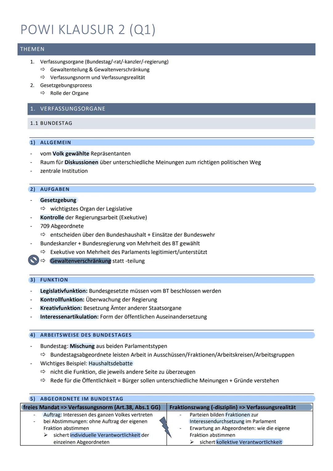 POWI KLAUSUR 2 (Q1)
THEMEN
1. Verfassungsorgane (Bundestag/-rat/-kanzler/-regierung)
➡ Gewaltenteilung & Gewaltenverschränkung
Verfassungsno