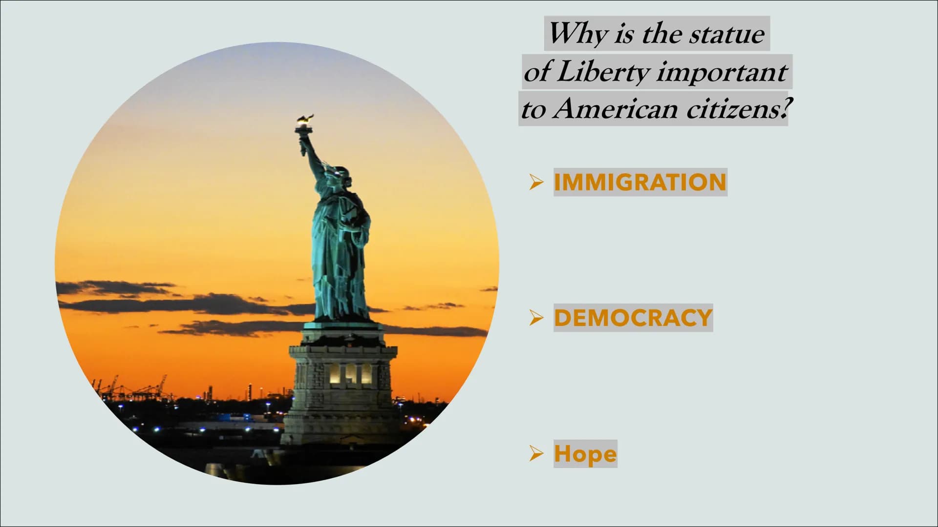 Immigration
Statue of Liberty
and Liberty Island
Presented by Al Massalmeh Btoul
*
(70012 à Structur:
1. What is the statue of liberty and l