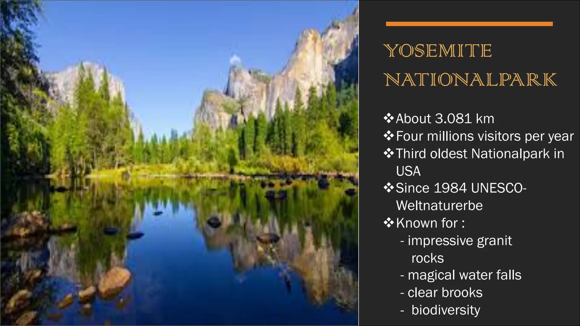 CALIFORNIA TABLE OF CONTENT
1. BASIC INFORMATION
2. ATTRACTINOS
3. HOLLYWOOD
4. YOSEMITE NATIONALPARK
5. GOLDEN GATE BRIDGE
6. GOLDEN GATE P