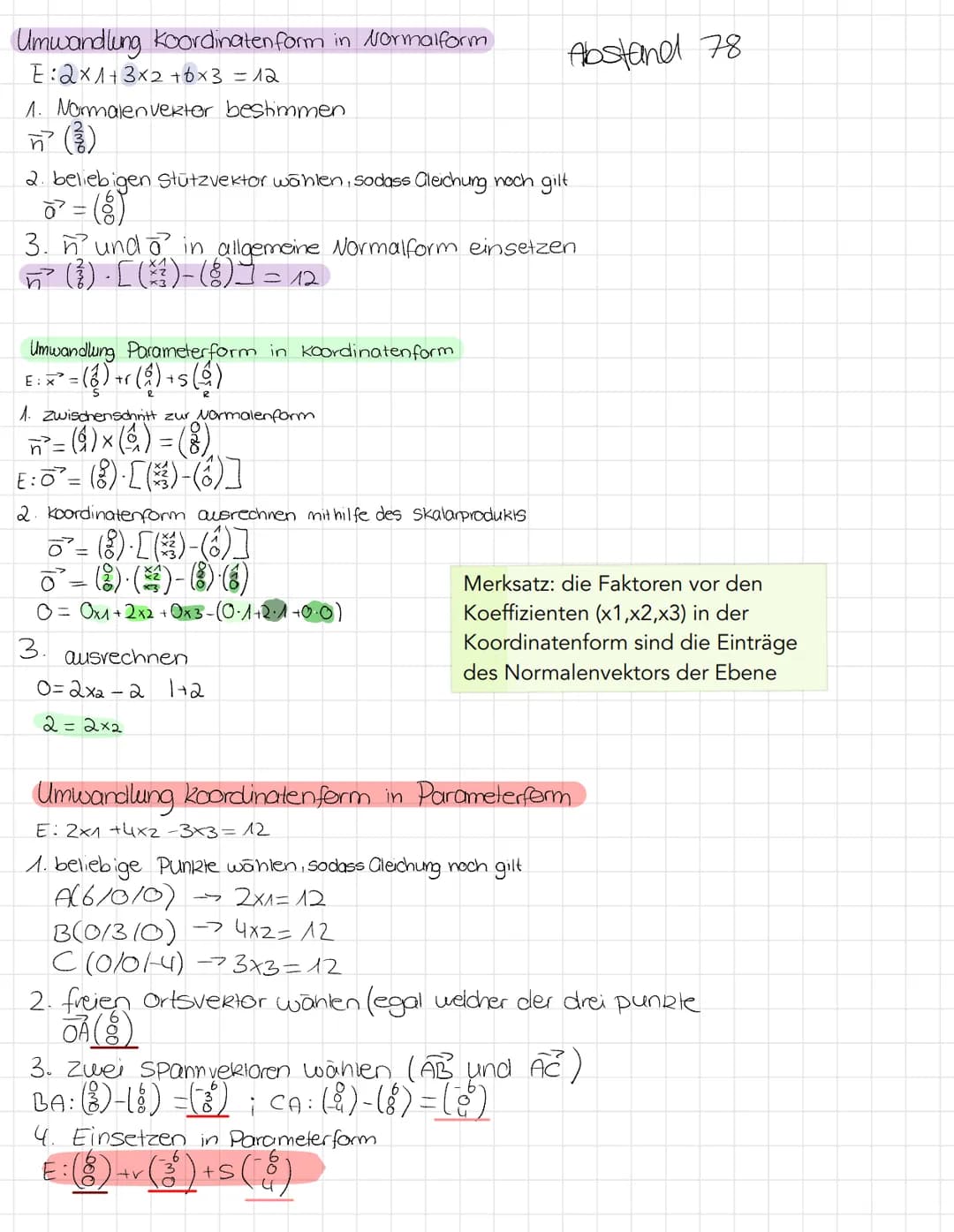 Koordinaten form: 0 x1 + b x2 +C·x3 = d
Übersichtszettel zu den Formen einer Ebene
Umwandlung Paramelerform in Normalenform
ET = (1)-(3) -9(