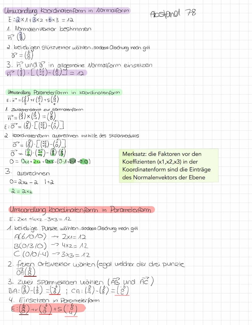 Koordinaten form: 0 x1 + b x2 +C·x3 = d
Übersichtszettel zu den Formen einer Ebene
Umwandlung Paramelerform in Normalenform
ET = (1)-(3) -9(