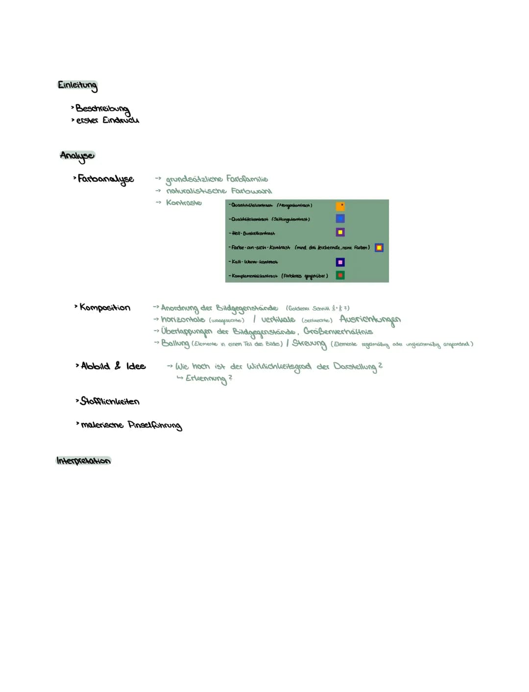 Einleitung
> Beschreibung
> erster Eindruck
Analyse
>Farbanalyse
> Komposition
>Abbild & Idee
grundsätzliche Farbfamilie
→ naturalistische F