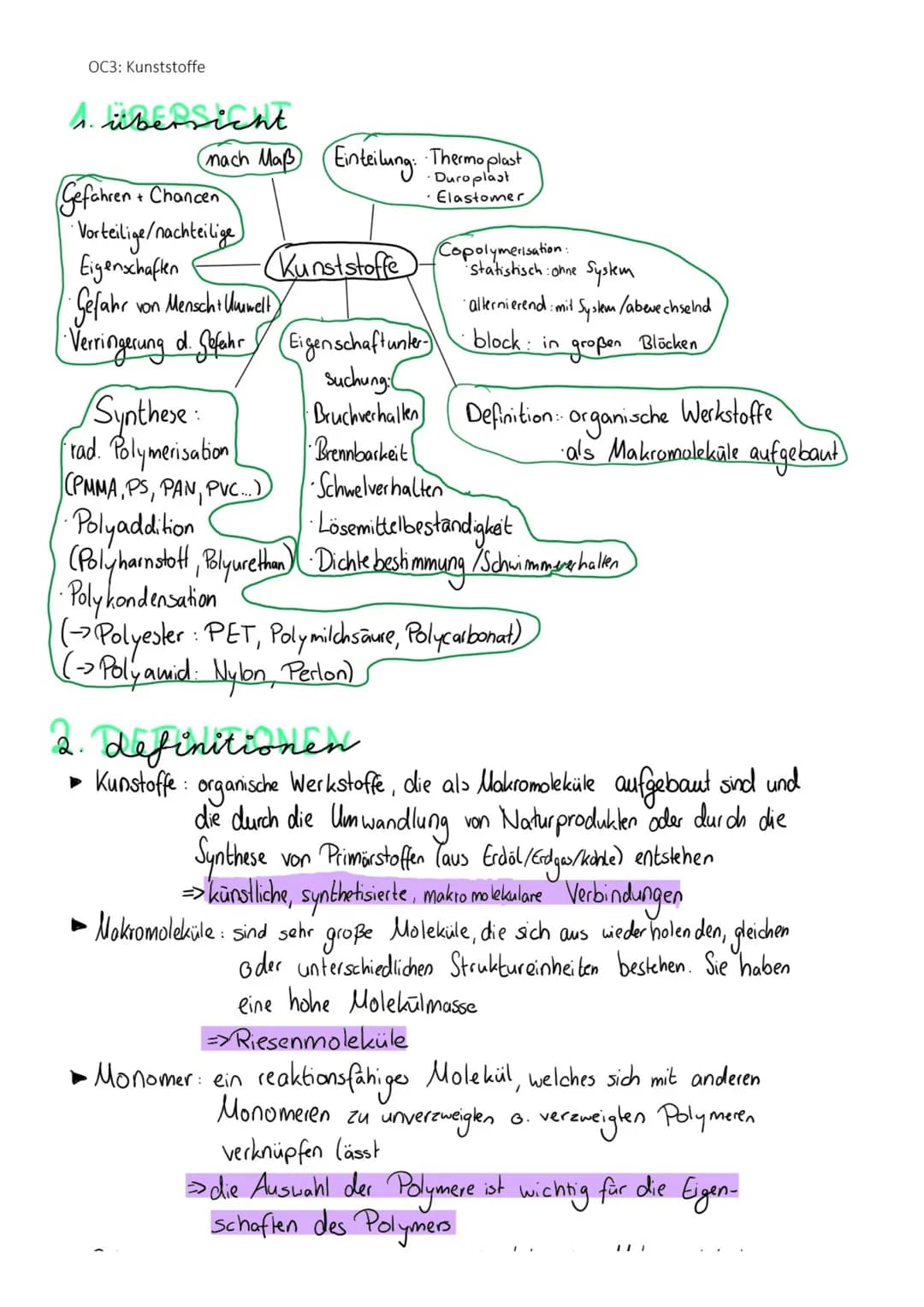 OC3: Kunststoffe
1. übersicht
(nach Maß Einteilung: Thermoplast
·
• Elastomer
Gefahren + Chancen
· Vorteilige/nachteilige)
Eigenschaften
Gef