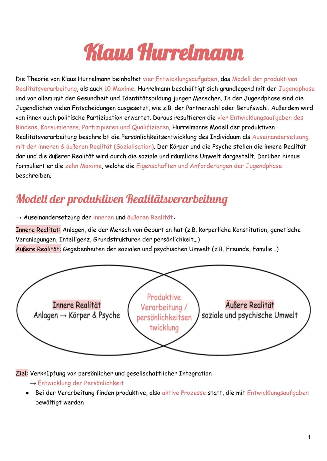 Klaus Hurrelmann
Die Theorie von Klaus Hurrelmann beinhaltet vier Entwicklungsaufgaben, das Modell der produktiven
Realitätsverarbeitung, al