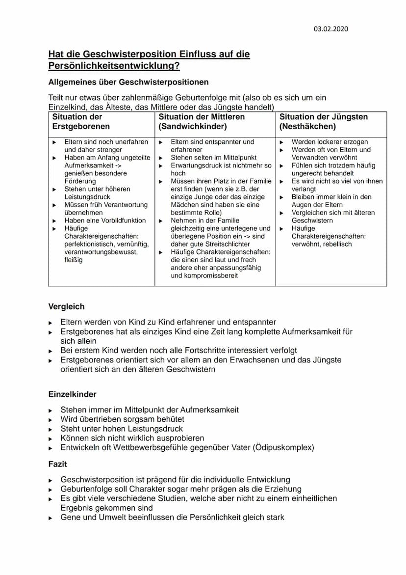 Hat die Geschwisterposition Einfluss auf die
Persönlichkeitsentwicklung?
Allgemeines über Geschwisterpositionen
Teilt nur etwas über zahlenm
