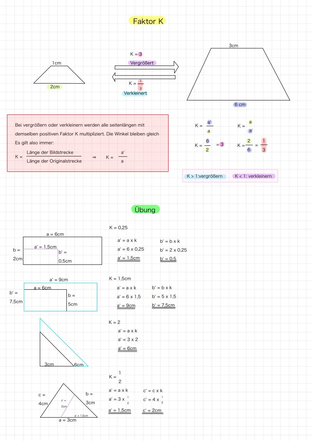Faktor K

K = 3
1cm
Vergrößert

K=
2cm
3
Verkleinert

Bei vergrößern oder verkleinern werden alle seitenlängen mit
demselben positiven Fakto