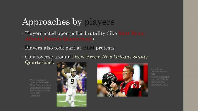 The NFL
and BLM
HI!!!
NFL
BLACK
LIVES
MATTER! Structure
The connection between the NFL and BLM
The Colin Kaepernick story
Approaches by play