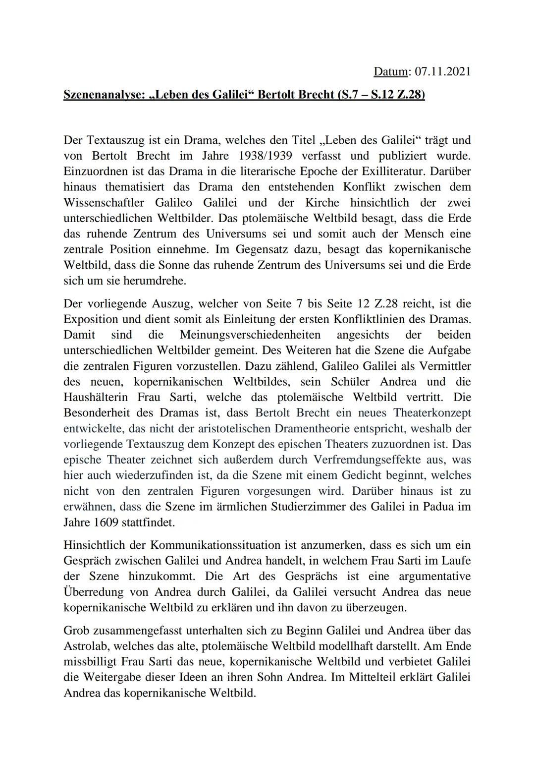 Datum: 07.11.2021

Szenenanalyse: „Leben des Galilei" Bertolt Brecht (S.7 - S.12 Z.28)

Der Textauszug ist ein Drama, welches den Titel „Leb