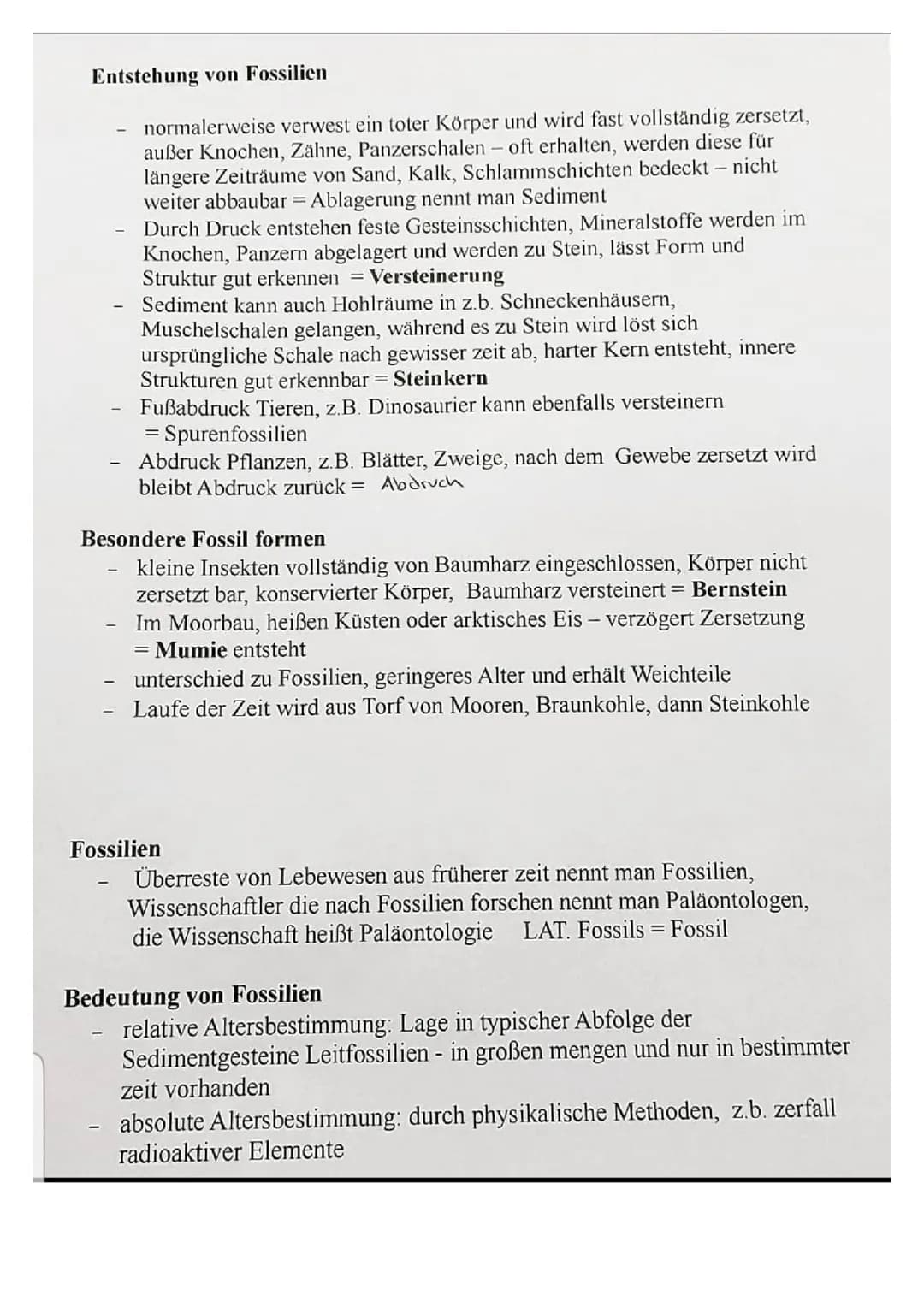 Entstehung von Fossilien
normalerweise verwest ein toter Körper und wird fast vollständig zersetzt,
außer Knochen, Zähne, Panzerschalen - of