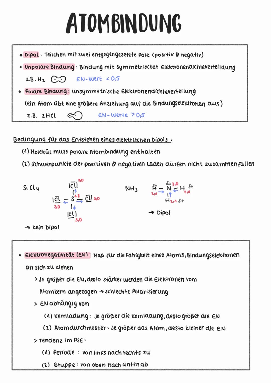 • Dipol: Teilchen mit zwei entgegengesetzte Pole (positiv & negativ)
• Unpolare Bindung: Bindung mit symmetrischer Elektronendichteverteildu