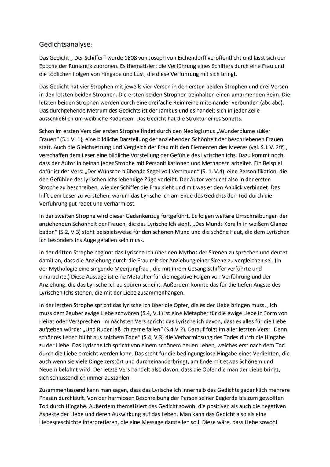 Gedichtsanalyse:
Das Gedicht,, Der Schiffer" wurde 1808 von Joseph von Eichendorff veröffentlicht und lässt sich der
Epoche der Romantik zuo