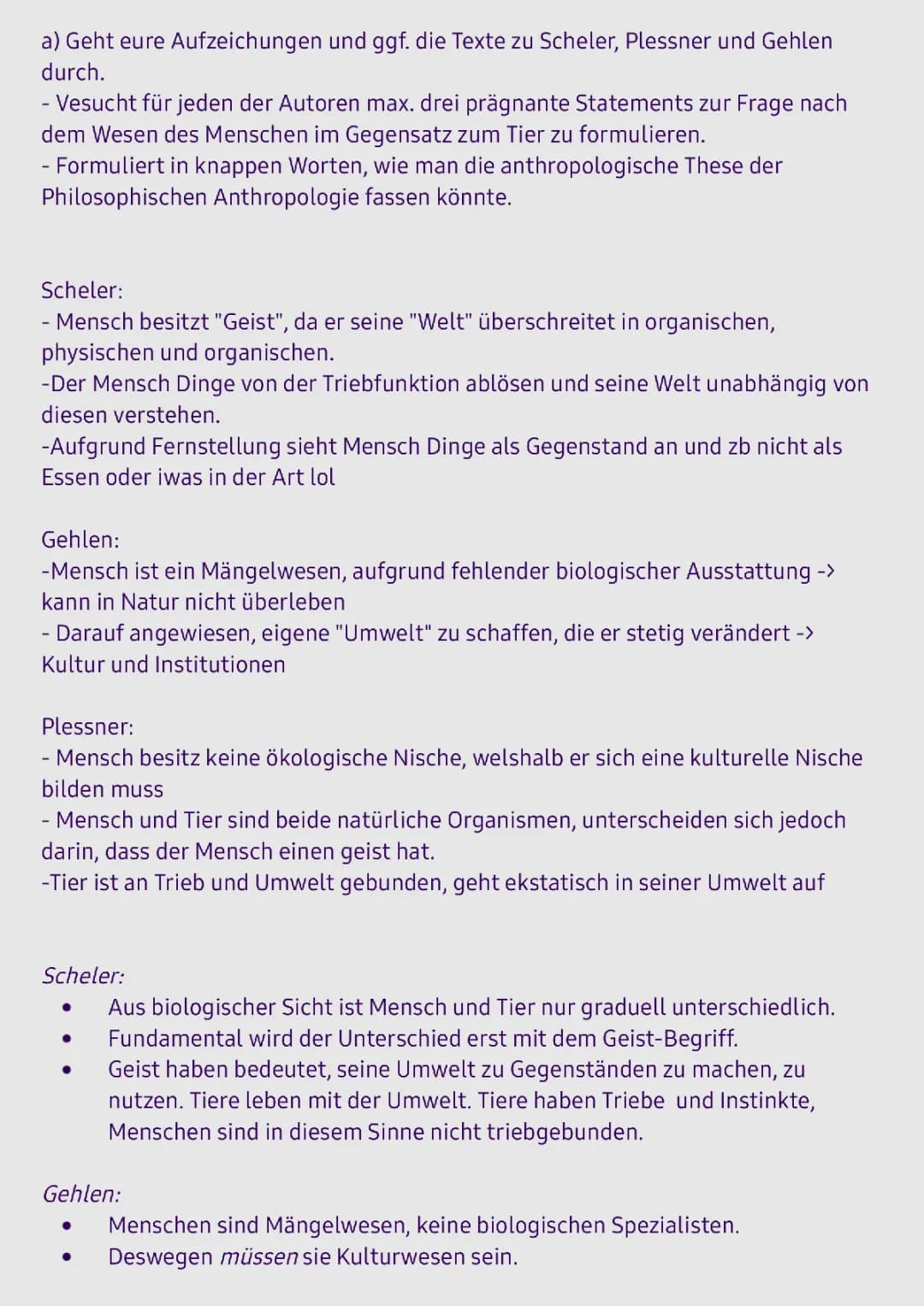 Vergleich Scheler, Gehlen, Plessner + Tomasello