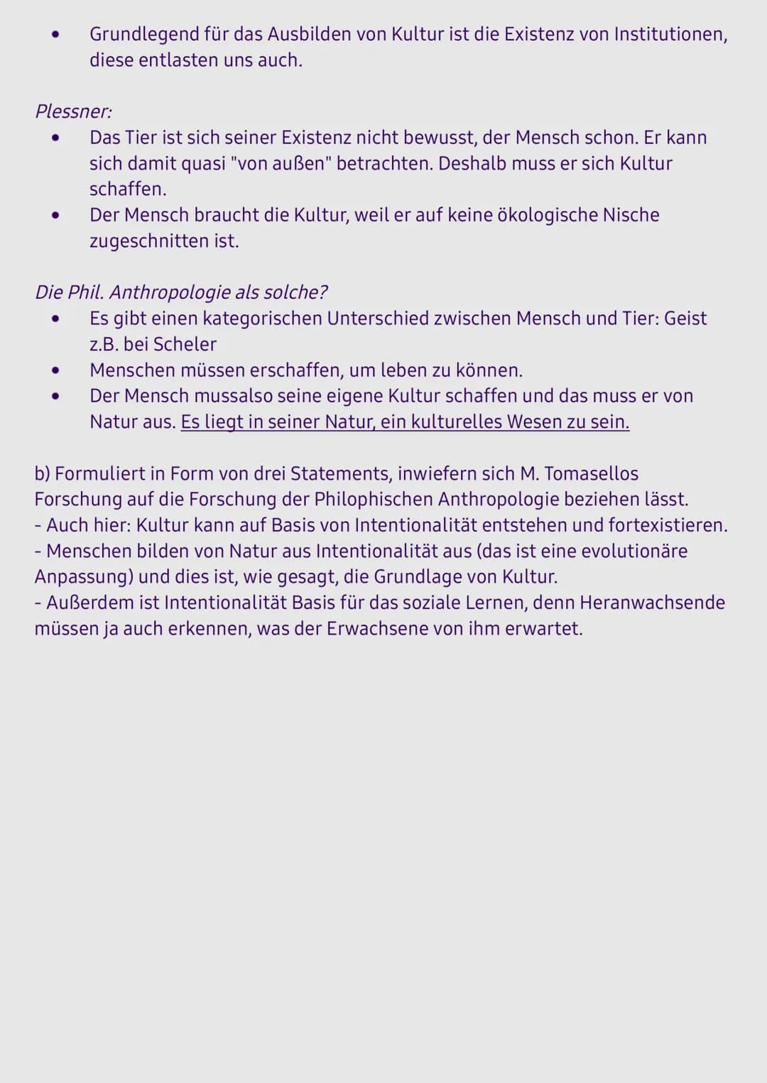a) Geht eure Aufzeichungen und ggf. die Texte zu Scheler, Plessner und Gehlen
durch.
- Vesucht für jeden der Autoren max. drei prägnante Sta