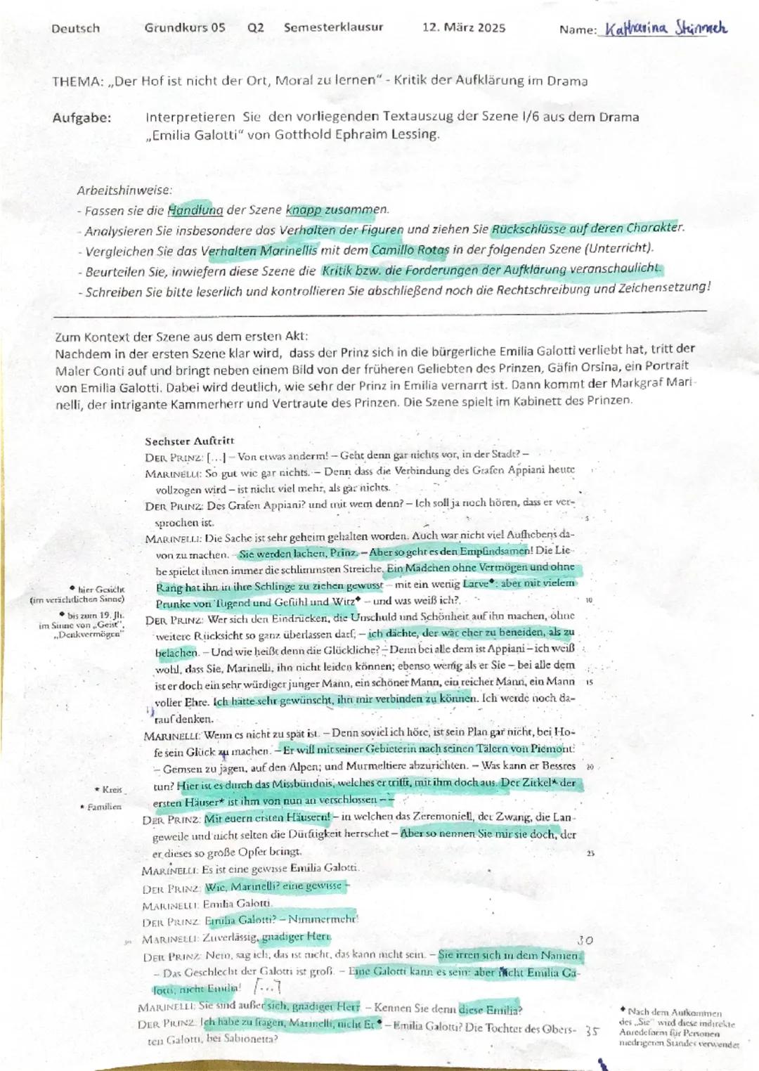 # Deutsch

# Grundkurs 05  Q2  Semesterklausur     12. März 2025     Name: _Katharina Schimmel_

# Thema: „Der Hof ist nicht der Ort, Moral 